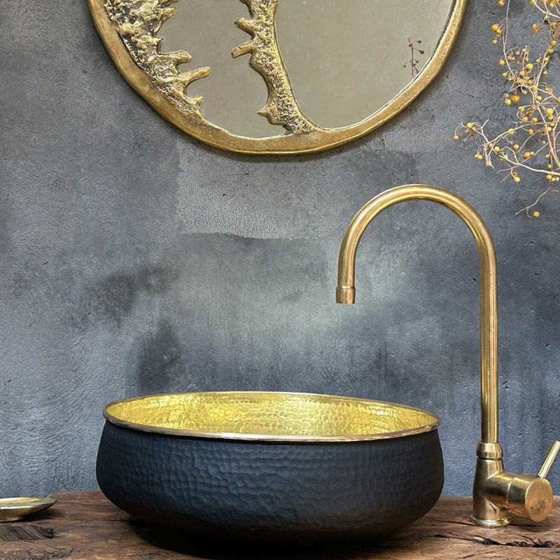 Decorative Small Vessel Sink Round Basin Bathroom Sink Handmade 14 Inch Vanity Bowl Washbasin, Black/Brass