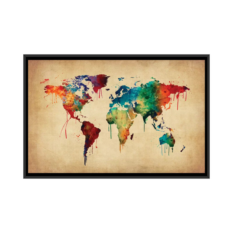 World Map Series: Dripping Effect II, impression sur toile tendue, H 18 po x l 26 po x P 1,5 po, Toile avec cadre noir
