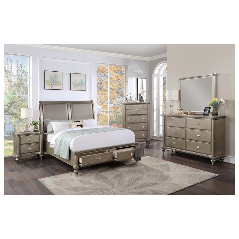 Commode 6 tiroirs argent antique avec miroir, fabrication en bois massif et en placage, mobilier de chambre contemporain