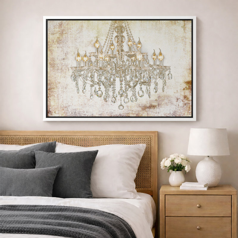 Glam Chandelier "Bright Gold Crystal Light Collier Artwork, Vintage Elegant Wall Pictures, Large Framed Canvas Giclée Print Wall Art"