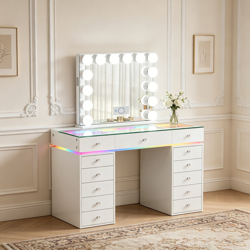 Vanity Set with High-Definition Glass Top, LED Mirror, Power Outlet, 13 Drawers & Crystal Knobs, White