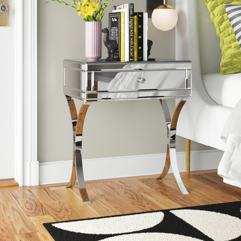 Mirrored Nightstand 1-Drawer Cross-Legs End Table