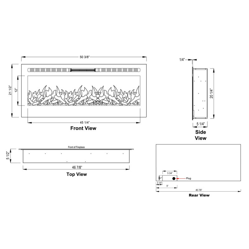 The Sideline Electric Fireplace for Recessed or Wall Mount Installation, Black, 21.5" H x 50" W x 5.5" D