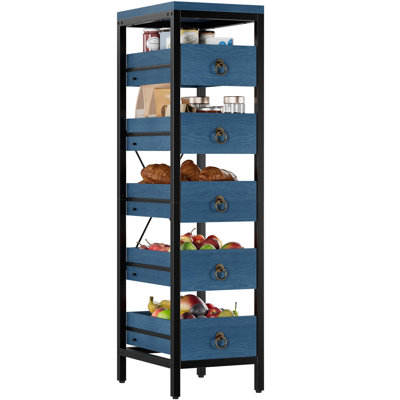 5-Tier Narrow Kitchen Fruit Vegetable Storage Rack with 5 Pull-Out Drawer Baskets, Space-Saving Snack Display Stand