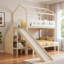 Lit superposé en forme de maison avec escalier de rangement, tablettes de présentation et glissade-1647725311