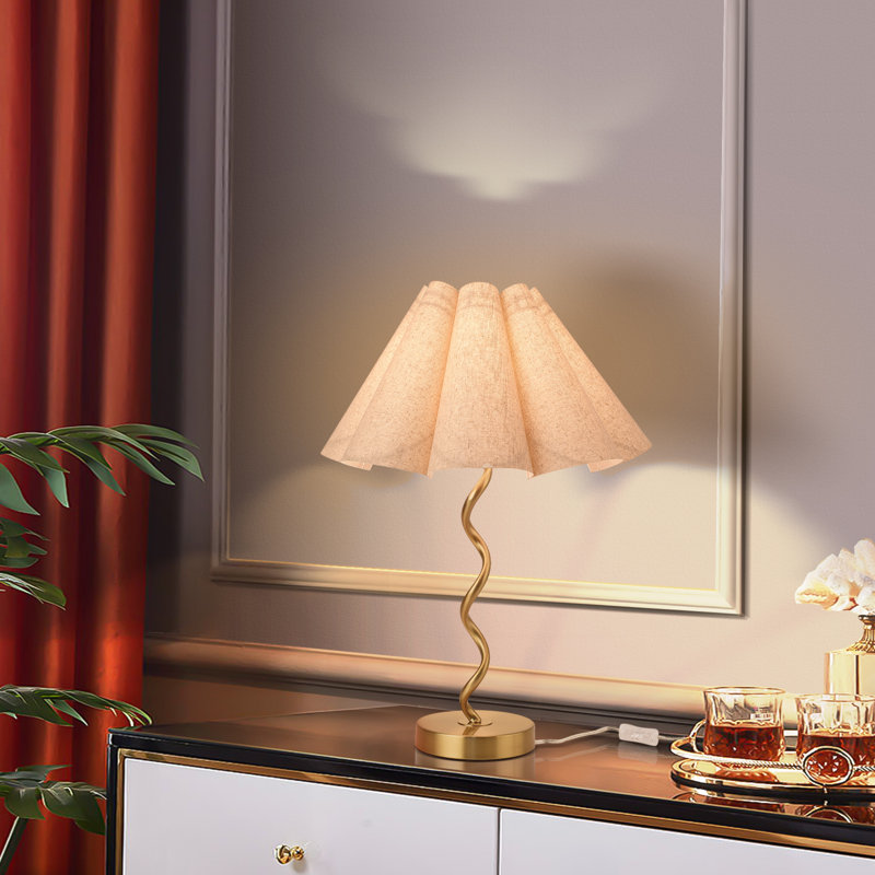 21.25in Gold Spiral Table Lamp with Scalloped Pleated Shade, Beige, Gold
