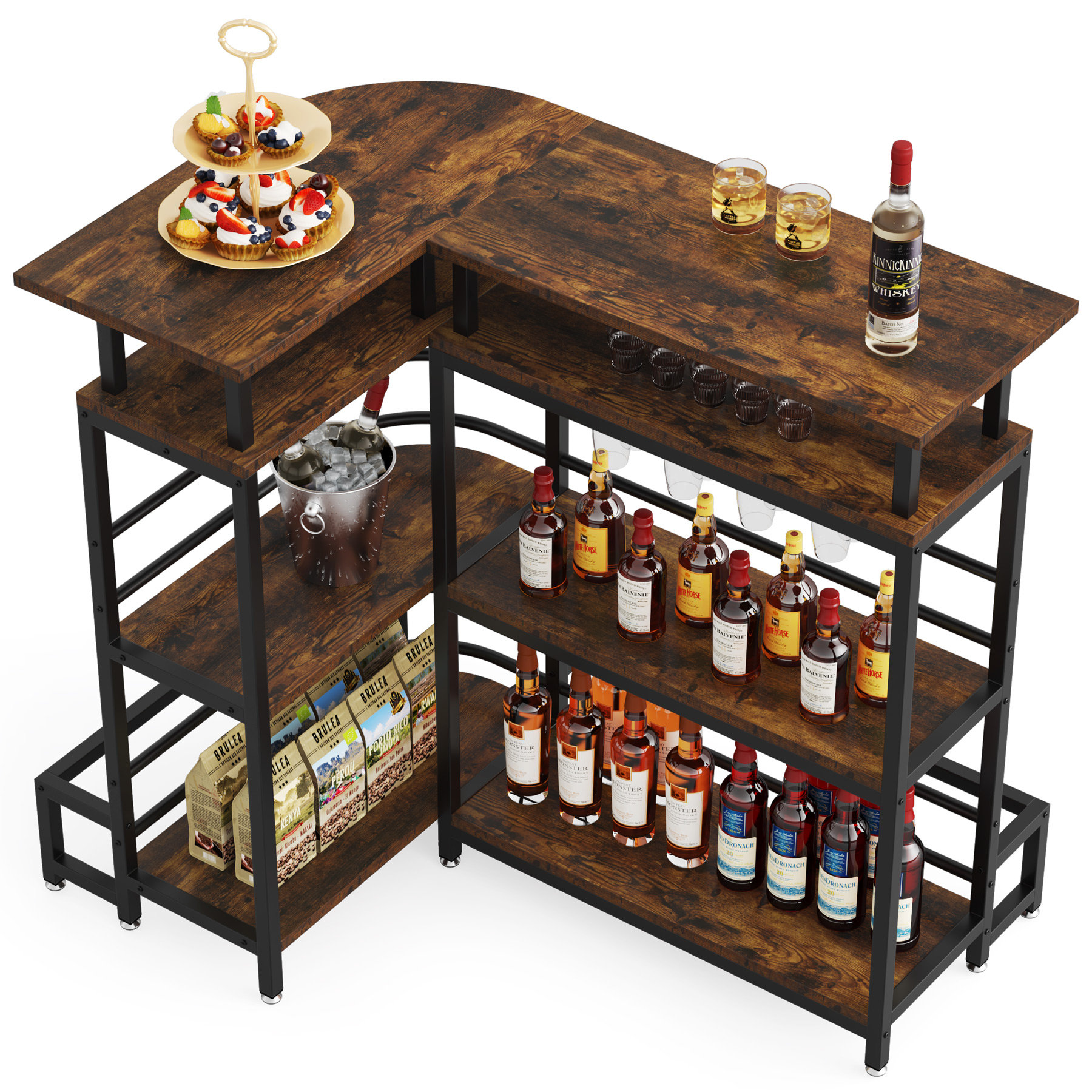 Home Bar Unit, 4 Tier L Shaped Liquor Bar Table with Storage, Elevated  Countertop, Wine Glasses Holder, and Footrest, Corner Wine Bar Table for  Party Home Kitchen Pub Living Room, Black 
