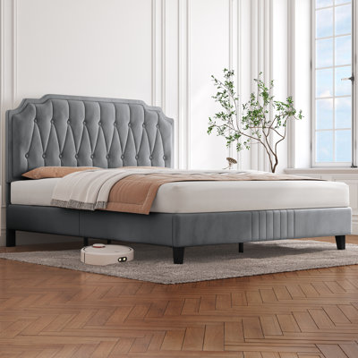 Upholstered Bed Frame with with Diamond Button-Tufted Headboard