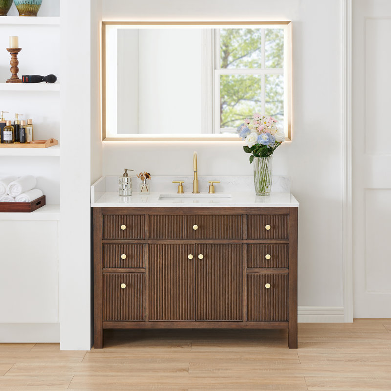 Lala 48" Single Bathroom Vanity with Grain White Engineered Stone Countertop with Mirror, Brown Brushed Oak