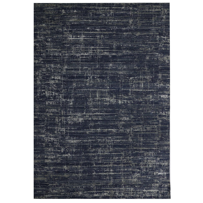 Tapis rectangulaire en laine / soie noué à la main bleu marine / beige, Rectangle 6 pi x 9 pi