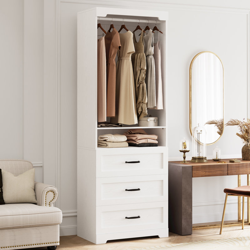 Freestanding Closet System With 3 Drawers, Armoire Wardrobe Closet With Adjustable Shelves & Hanging Rod, White