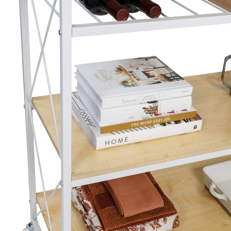 White and Oak Rolling Kitchen Cart with Wine Rack and Storage