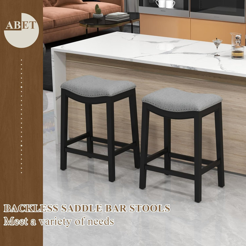 Bar Stools Set of 2, 27" Backless Counter Height Barstools – Farmhouse Wooden Legs with Hand-Brushed Finish & Nailhead Saddle Seat, Upholstered in Gray Linen with Black Leg