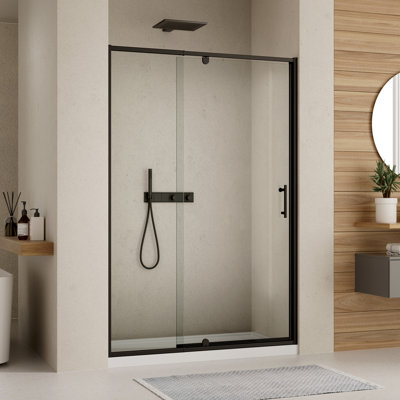 Porte de douche à cadre 56 x 60 po x H 71 po, porte de douche pivotante en verre trempé transparent de 1/4 po (6 mm), portes de douche pivotantes avec finition noire matte, installation réversible