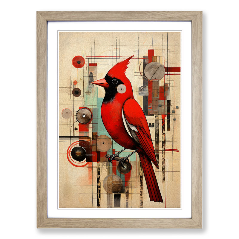 Cardinal Bird Constructivism No.2 - Single Picture Frame Print on Wood, Oak Framed, 34cm H x 25cm W x 2cm D