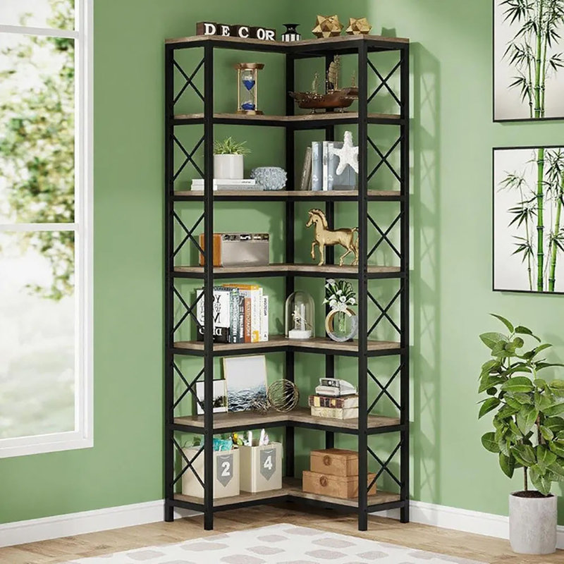 14-shelf Corner Bookshelf – Industrial Rustic Metal+wood Shelf With X-bars, 25lb/shelf Adjustable Feet, Maximize Space For Living Room/bedroom/small Apartment