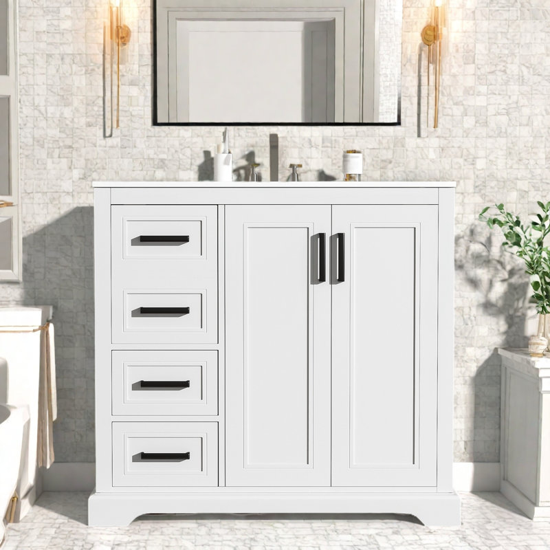 36" Bathroom Vanity Cabinet With Ceramic Top, White
