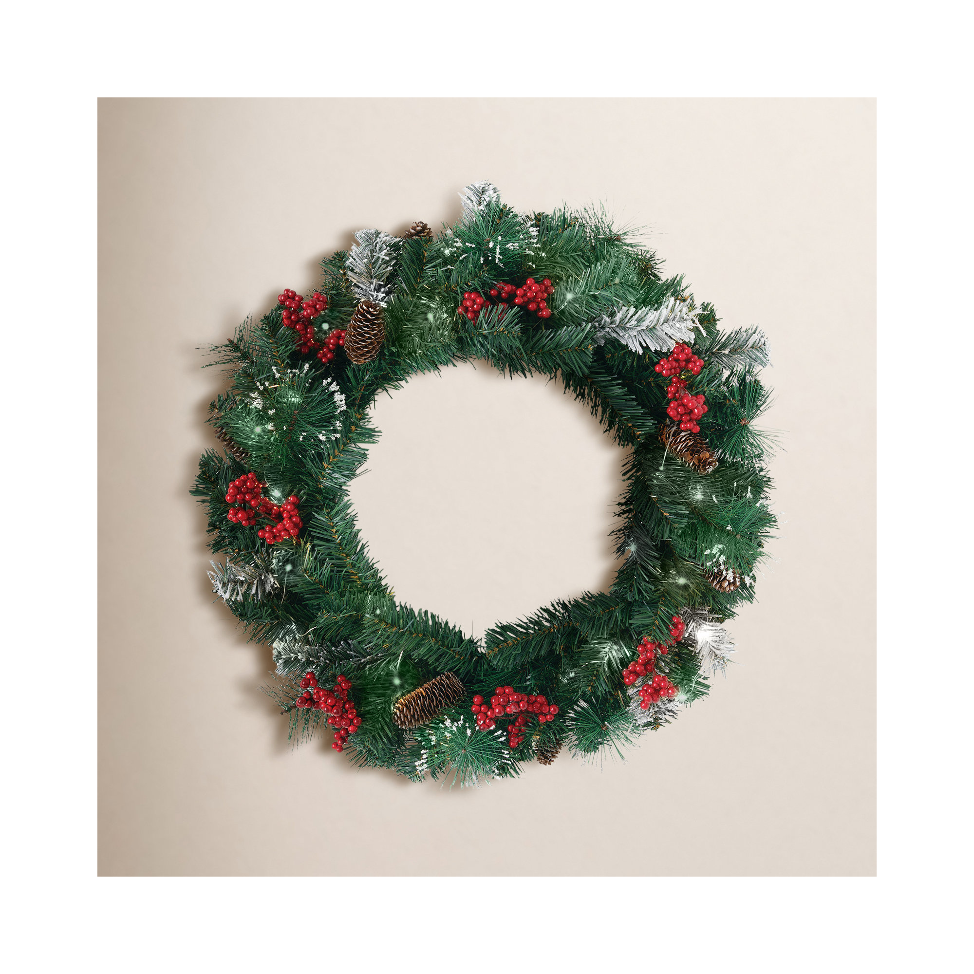 Artificial 24" LED Mixed Pine Christmas Wreath with Flocking, Pinecones and Berries, Green