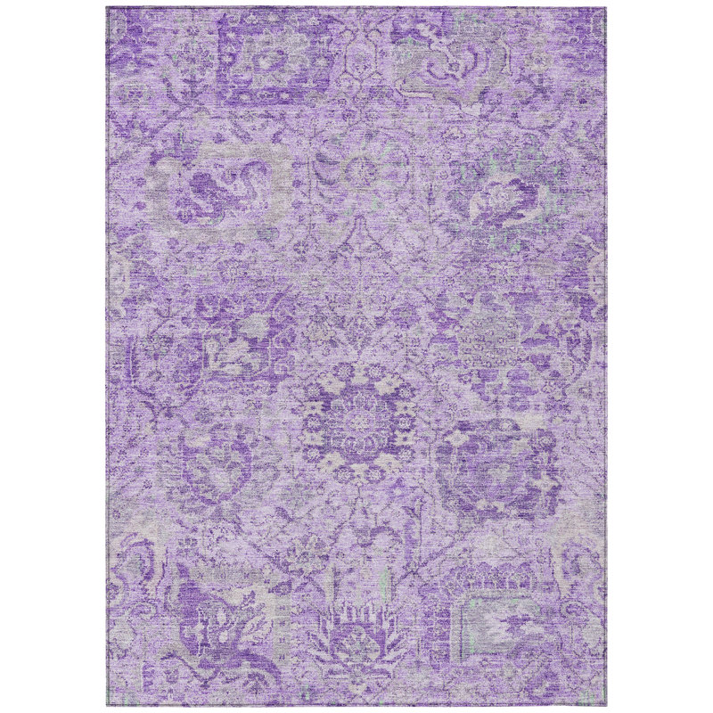 Lavender Damask Pattern Washable Synthetic Area Rug 3' x 5'