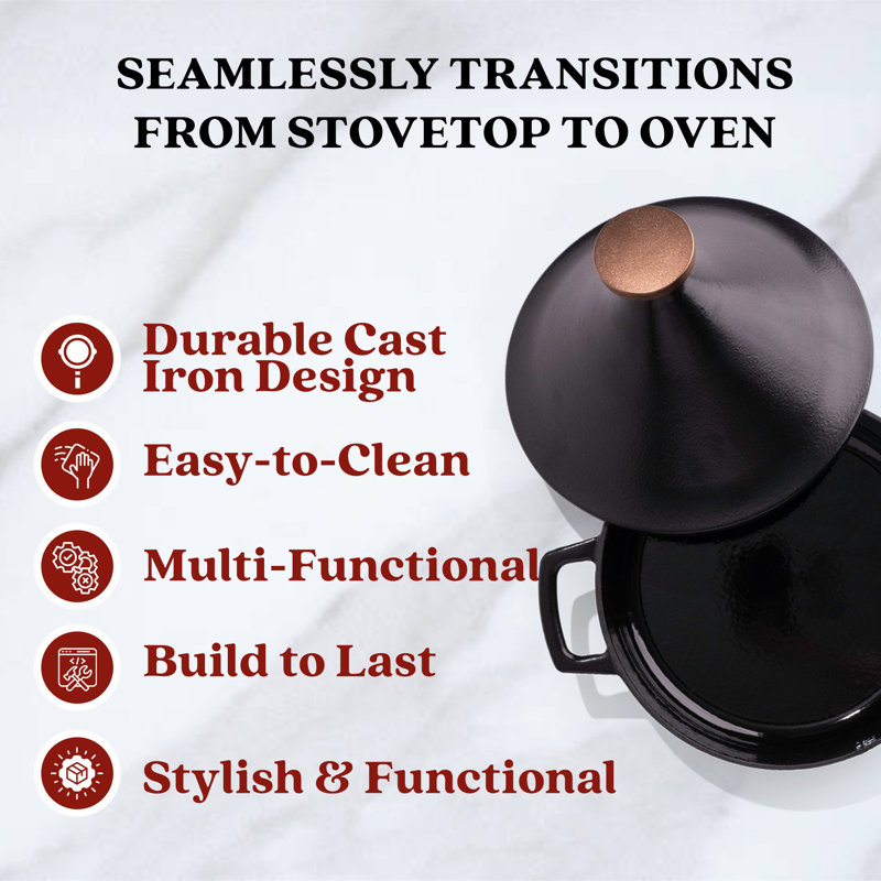 Black Enameled Cast Iron Fondue Pot with Bronze Knob