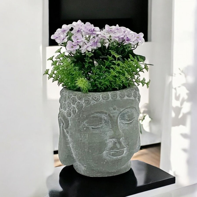 Grey Cement Buddha Bust Planter - Stone Effect Hand-Finished Planter for Indoor & Outdoor Home and Garden Décor