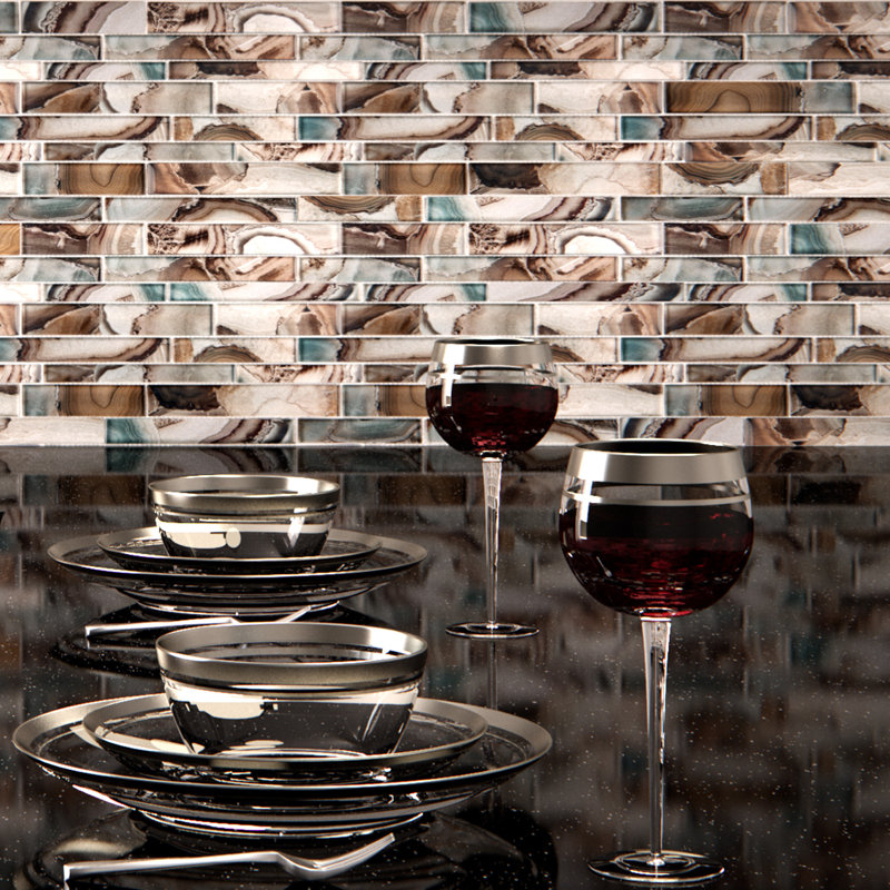 Myst Brick Joint Agate Inspired Polished Glass Wall Mosaic Tile, Ursula