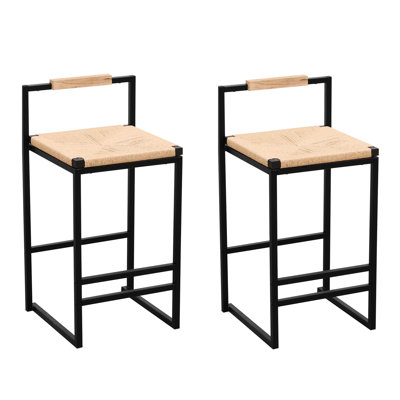 2 Kitchen Counter Stools With Paper Rope Seat, Metal Construction, Max 220Lbs Weight Capacity, Easy To Assemble Bar Back For Daily Use: Strong & Comfortable Weave Seat