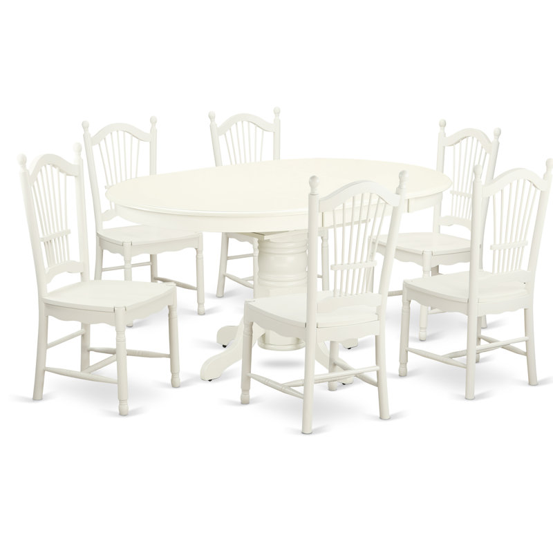 Ensemble de table et chaises de cuisine 7 pièces comprenant une table de salle à manger ovale avec rallonge papillon et 6 chaises, lin blanc