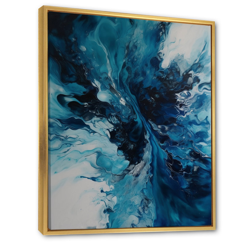 Art mural sur toile abstrait bleu sarcelle et noir, 40" H x 30" W, Cadre flottant doré