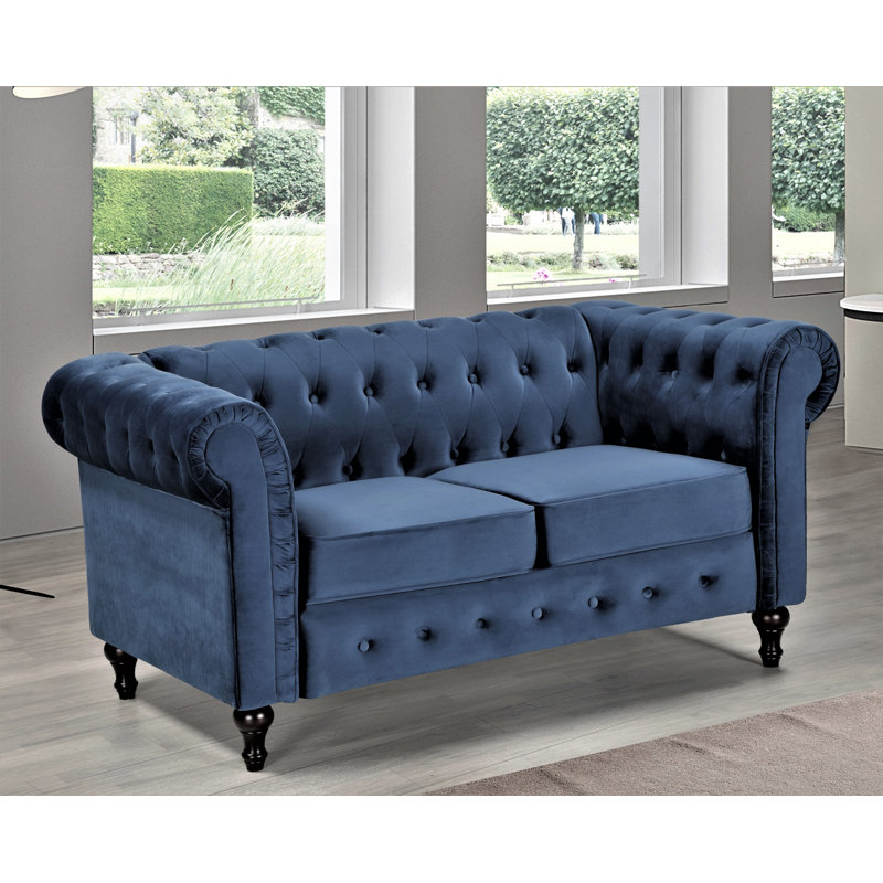 Ariclia 61.02" Round Arm Chesterfield Loveseat, Dark Blue Velvet