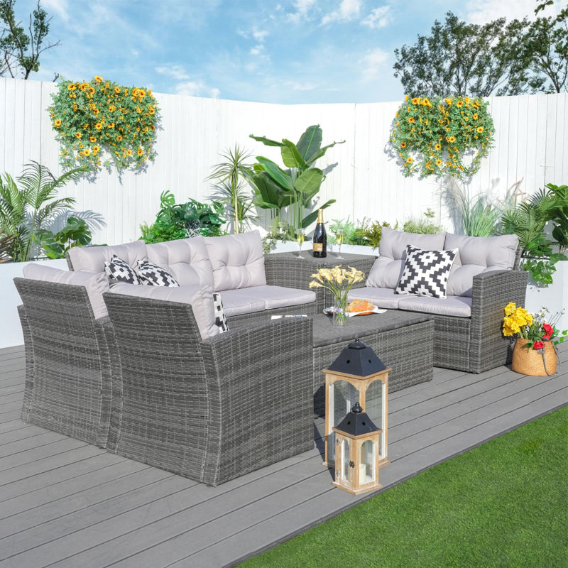 Ensemble de conversation modulaire en rotin 6 pièces avec coussins Tervell, gris