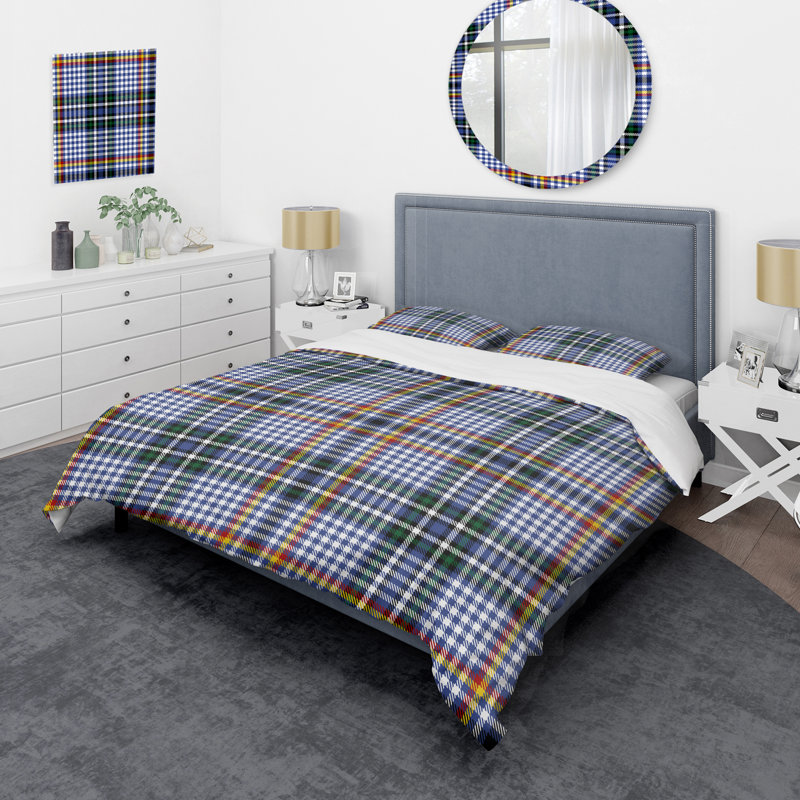 Tartan à carreaux blanc et bleu - Ensemble de housse de couette abstrait - Microfibre de polyester