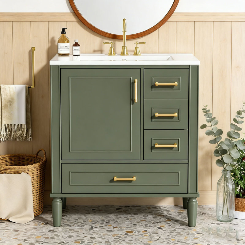 Meuble-lavabo moderne avec lavabo en céramique, 30"+Olive Green