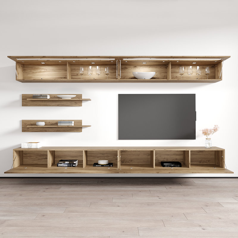 Waconia 126" Modern Floating Wall Mounted Entertainment Center with 16-Color LED Lighting, High Gloss Finish, Oak