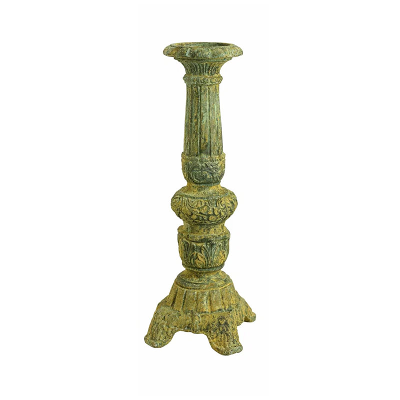 Vintage Style Tapered Candle Holder, 21 Inch Rustic Green Terracotta