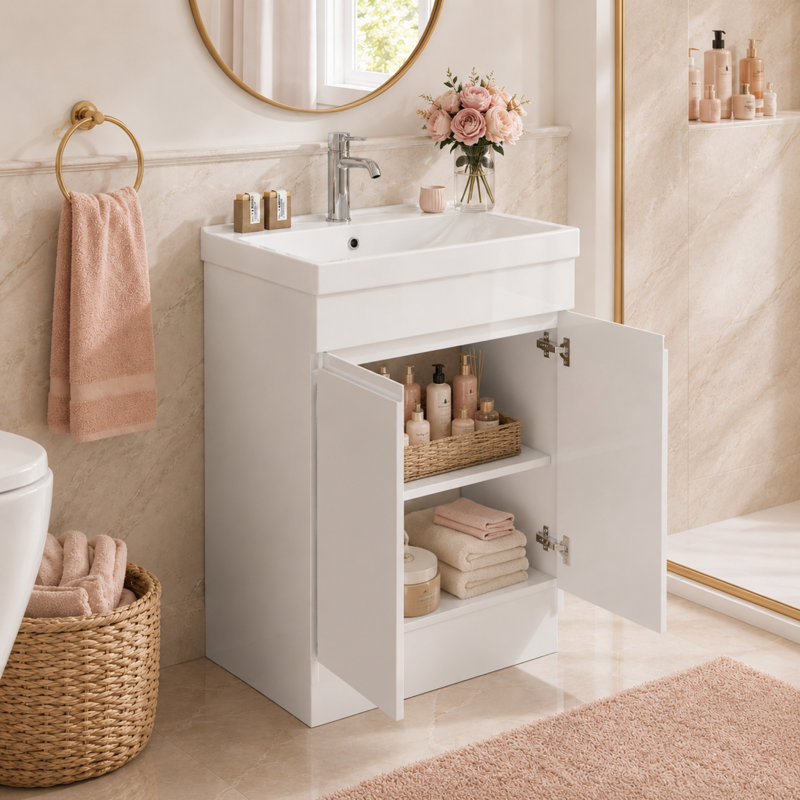 Meuble-lavabo autoportant moderne 24 po avec lavabo en céramique, portes à fermeture douce, blanc brillant