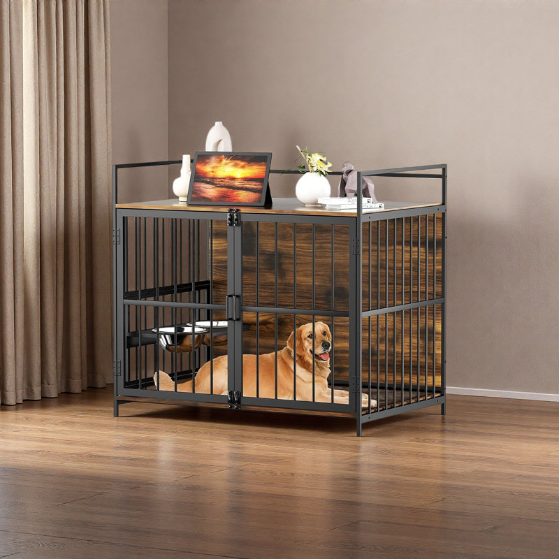 Grande cage pour chien de style meuble avec mangeoire surélevée à 360 ° pour chiens, H 35,8 po x l 41 po x P 23,6 po