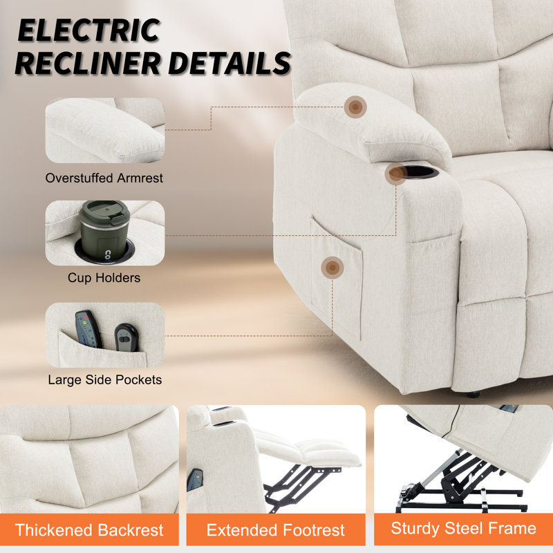 KORSER Power Lift Recliner, Electric Lift Chair With Heated Vibration Massage, Cup Holders, Side Pockets, Beige