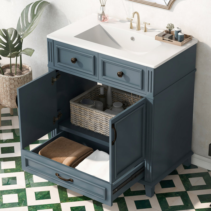 Meuble-lavabo de salle de bain rétro bleu 30 po avec structure en bois massif, lavabo en céramique, tiroir à fermeture en douceur, glissière de tiroir lisse, meuble-lavabo à rainure unique, style, lavabo brillant, charnières, quincaillerie exquise
