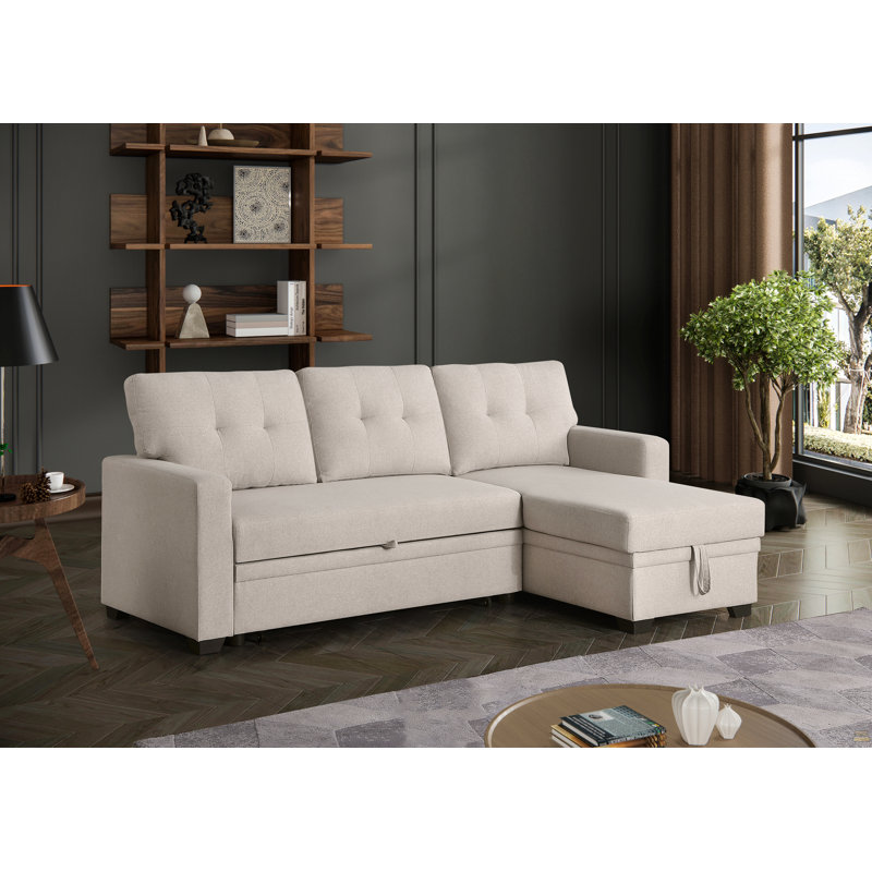 Canapé modulaire convertible rembourré avec méridienne coulissante, Lin beige, Face à la gauche