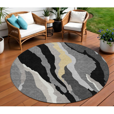 Tapis extérieur rond lavable abstrait 8 pi noir gris et brun clair