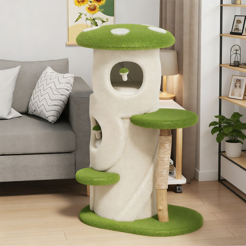 Structure d'escalade moderne et simple pour chat, Blanc cassé / vert