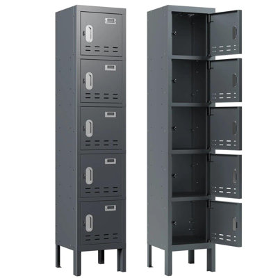 Armoire de rangement ultra-durable à 5 portes en acier - 66 po avec crochets, tablette et ventilation pour la salle de sport, l'école, le bureau et la maison