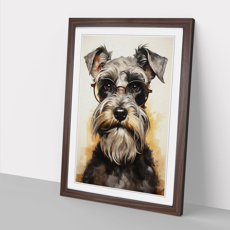 Schnauzer With Glasses Painting No.2 - Single Picture Frame Print on Wood, 46cm H x 34cm W x 2cm D, Walnut