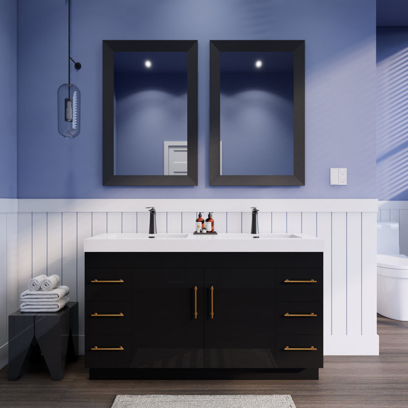 60'' Double Bathroom Vanity with Acrylic Top, Gloss Black