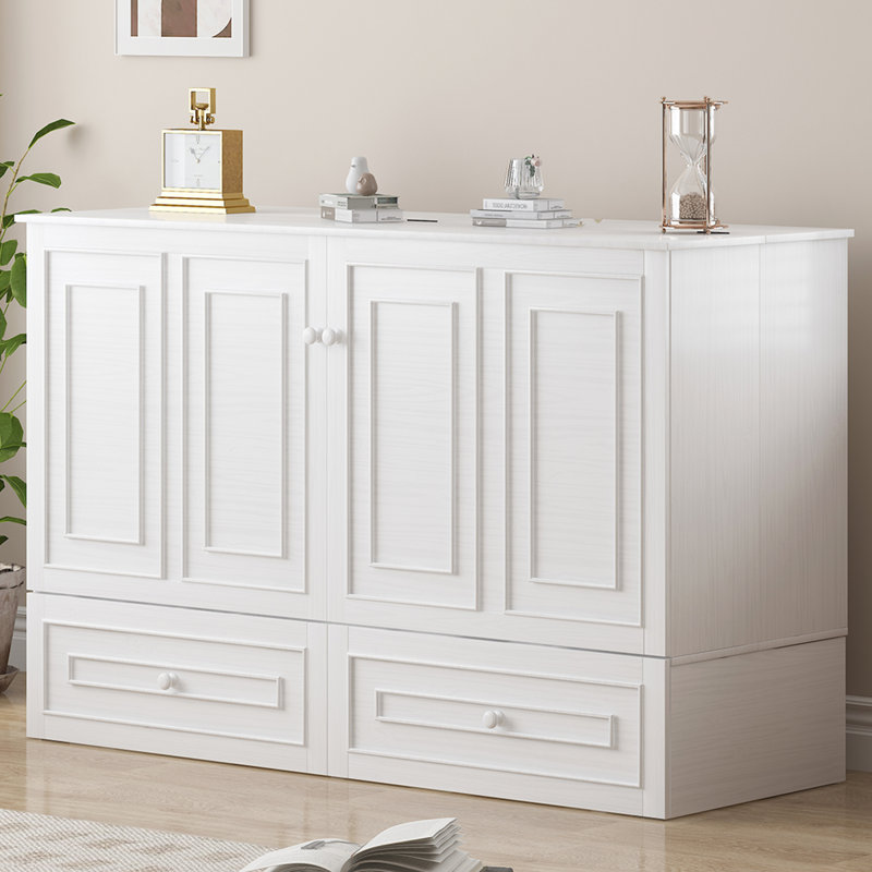 Solid Wood Queen Murphy Bed Cabinet With USB Charging Station & Privacy Drawer For Guest Room, White