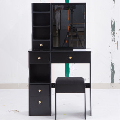 29.2" Small Size Left Drawer Desktop Vanity Table + Cushioned Stool, Extra Large Right Sliding Mirror, Multi Layer High Capacity Storage, Practical Fashionable Dresser, Suitable For Small Space