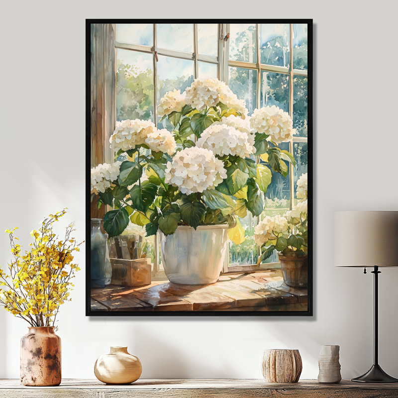Hortensias dans la ferme serre II - hydrangées, art mural, H 20 po x l 12 po, Impression encadrée flottante, Noir