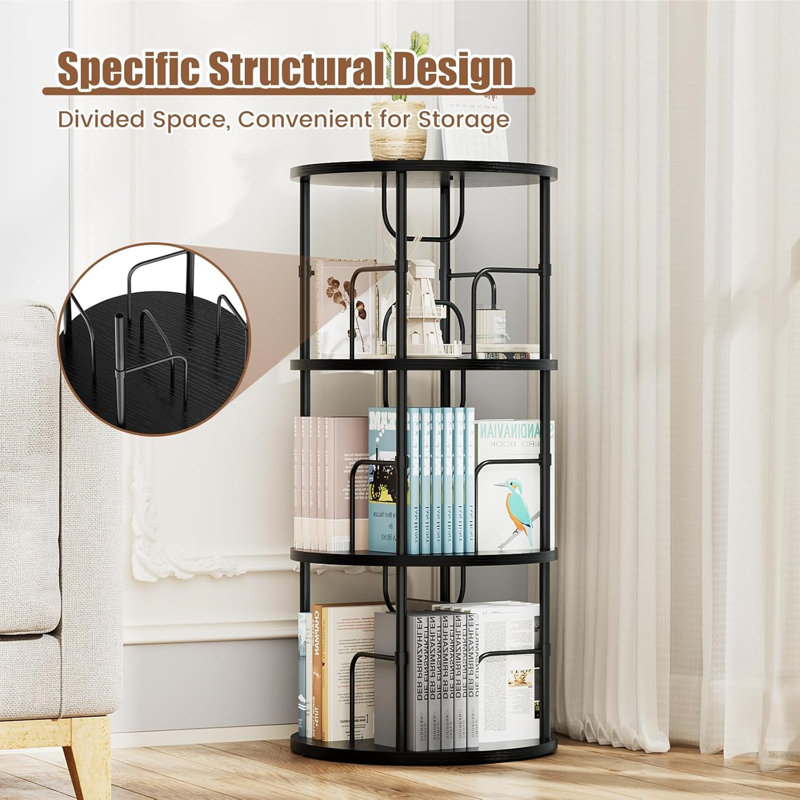 Rotating Bookshelf, 3 Tier Round Revolving Bookcase with Special Visible Partition Storage, 360° Display Spinning Small Bookshelf Tower Book Shelf Organizer for Bedroom