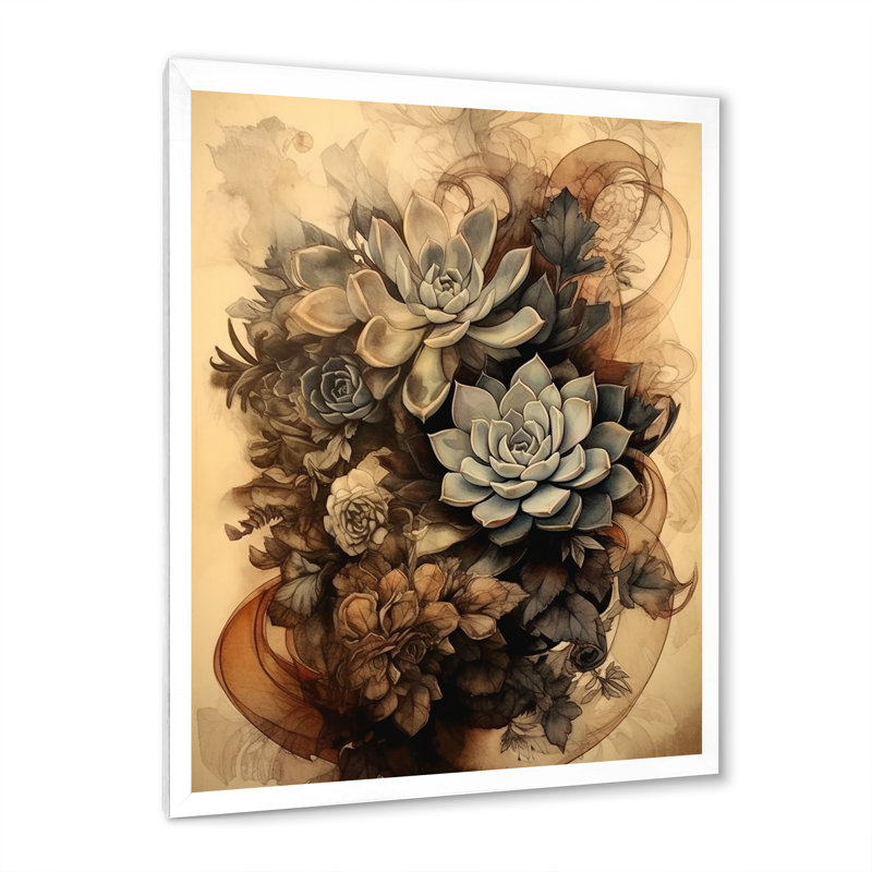 Gris, brun, résilience des plantes grasses, H 32 po x l 24 po x P 1 po, Cadre photo blanc